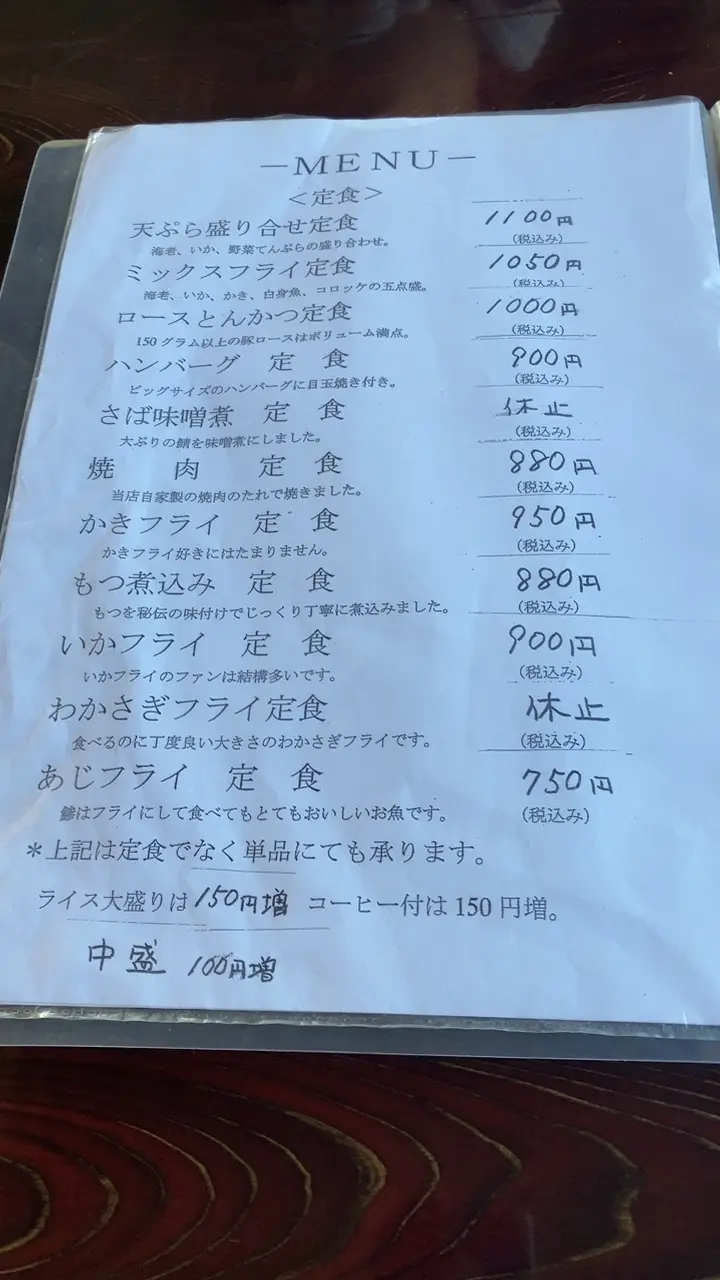 定食のメニュー